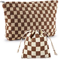 Zlfsrq 2Pcs Checkered Makeup Bag For Women Large Capacity Cosmetic Bag Mini Drawstring Pocket Makeup Bag Travel Makeup Pouch For