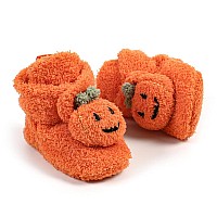 Ohwawadi Baby Halloween Pumpkin Booties Cozy Fleece Infant Baby Slippers Soft Bottom Warm Cartoon Socks Newborn Crib Shoes