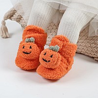 Ohwawadi Baby Halloween Pumpkin Booties Cozy Fleece Infant Baby Slippers Soft Bottom Warm Cartoon Socks Newborn Crib Shoes