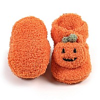 Ohwawadi Baby Halloween Pumpkin Booties Cozy Fleece Infant Baby Slippers Soft Bottom Warm Cartoon Socks Newborn Crib Shoes