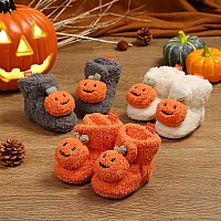 Ohwawadi Baby Halloween Pumpkin Booties Cozy Fleece Infant Baby Slippers Soft Bottom Warm Cartoon Socks Newborn Crib Shoes