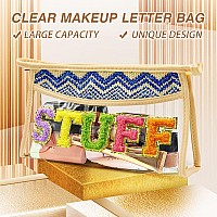 Boho Handwoven Makeup Bag Chenille Letter Patch Clear Travel Pouch Rattan Straw Bag Clear Cosmetic Sunscreen Bags Women Summ