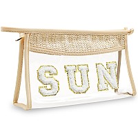 Boho Handwoven Makeup Bag Chenille Letter Patch Clear Travel Pouch Rattan Straw Bag Clear Cosmetic Sunscreen Bags Women Summ