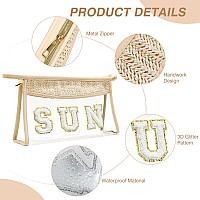 Boho Handwoven Makeup Bag Chenille Letter Patch Clear Travel Pouch Rattan Straw Bag Clear Cosmetic Sunscreen Bags Women Summ