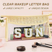 Boho Handwoven Makeup Bag Chenille Letter Patch Clear Travel Pouch Rattan Straw Bag Clear Cosmetic Sunscreen Bags Women Summ