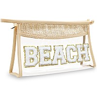 Boho Handwoven Makeup Bag Chenille Letter Patch Clear Travel Pouch Rattan Straw Bag Clear Cosmetic Sunscreen Bags Women Summ