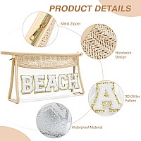 Boho Handwoven Makeup Bag Chenille Letter Patch Clear Travel Pouch Rattan Straw Bag Clear Cosmetic Sunscreen Bags Women Summ