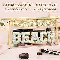 Boho Handwoven Makeup Bag Chenille Letter Patch Clear Travel Pouch Rattan Straw Bag Clear Cosmetic Sunscreen Bags Women Summ