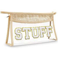 Boho Handwoven Makeup Bag Chenille Letter Patch Clear Travel Pouch Rattan Straw Bag Clear Cosmetic Sunscreen Bags Women Summ