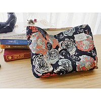 Happyheidi Women Aesthetic Floral Cotton Makeup Bag Zipper Pouch For Cosmetics Travel Or Purse Organizer Misty Roses Black