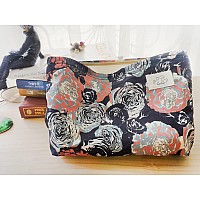 Happyheidi Women Aesthetic Floral Cotton Makeup Bag Zipper Pouch For Cosmetics Travel Or Purse Organizer Misty Roses Black