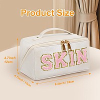 Joindo Large Capacity Travel Cosmetic Bag Chenille Letter Preppy Makeup Bag Pu Leather Open Flat Toiletry Bag Organizer With D