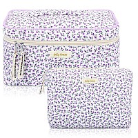 Zeyune 2 Pcs Cotton Quilted Makeup Bag Large Travel Coquette Cosmetic Bag Aesthetic Cute Floral Cherry Peony Toiletry Organize