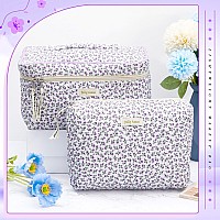 Zeyune 2 Pcs Cotton Quilted Makeup Bag Large Travel Coquette Cosmetic Bag Aesthetic Cute Floral Cherry Peony Toiletry Organize