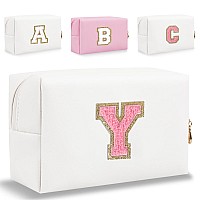 Small Personalized Letter Makeup Bag Cute Pu Leather Chenille Letters Cosmetic Bag Travel Makeup Bag Preppy Makeup Pouch Trave