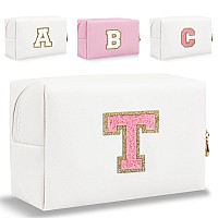 Small Personalized Letter Makeup Bag Cute Pu Leather Chenille Letters Cosmetic Bag Travel Makeup Bag Preppy Makeup Pouch Trave