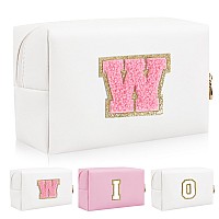 Personalized Initial Letter Patch Makeup Bag Preppy Portable Chenille Letter Cosmetic Bag With Zipper Pu Leather Waterproof Tr