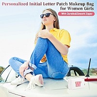 Personalized Initial Letter Patch Makeup Bag Preppy Portable Chenille Letter Cosmetic Bag With Zipper Pu Leather Waterproof Tr