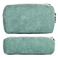 Soidram Makeup Bag Corduroy Cosmetic Bag Cute Green Makeup Pouch 1Pcs Large Capacity Makeup Bags And 1Pcs Makeup Brushes Storage