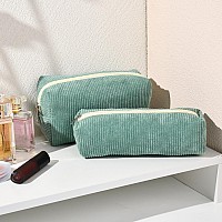 Soidram Makeup Bag Corduroy Cosmetic Bag Cute Green Makeup Pouch 1Pcs Large Capacity Makeup Bags And 1Pcs Makeup Brushes Storage