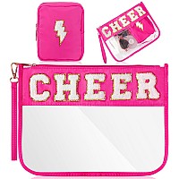 Hillban 2 Pcs Cheer Theme Gifts Cheer Chenille Letter Bags Pink Preppy Patch Makeup Bag Flat Clear Pouch Pvc Organizer Purse Wat