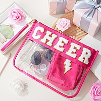 Hillban 2 Pcs Cheer Theme Gifts Cheer Chenille Letter Bags Pink Preppy Patch Makeup Bag Flat Clear Pouch Pvc Organizer Purse Wat