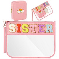 Hillban 2 Pcs Sister Gifts From Sister Chenille Letter Bags Preppy Patch Makeup Bag Waterproof Travel Cosmetic Bag For Sis Women