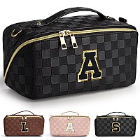 Topeast Travel Makeup Bag, Personalized Checkered Cosmetic Bag Initial Make Up Bags Pouch Open Flat Waterproof Leather Toiletry Bag Organizer With Strap Divider, Ideal Gift For Women Girls-Black, A