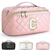 Topeast Initial Makeup Bag Gifts For Women Lay Flat Makeup Bag Letter Cosmetic Bag Travel Toiletry Bag Pink Personalized Makeup