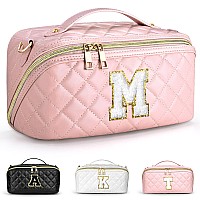 Topeast Personalized Initial Makeup Bag Gift For Women Lay Flat Makeup Bag Cosmetic Bag Pink Quilted Makeup Pouch Pu Leather To