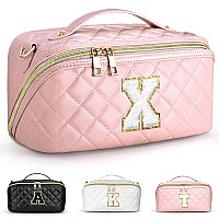 Topeast Large Initial Makeup Bag Personalized Initial Cosmetic Bag Quilted Make Up Bags Open Flat Toiletry Bag Cute Makeup Pouc