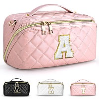 TOPEAST Large Travel Makeup Bag, Personalized Initial Cosmetic Bag Cute Quilted Make Up Bags Open Flat Toiletry Makeup Bag Organizer with Strap Handle, Unique Gifts for Women Friends, A