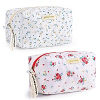 Hbselect 2Pcs Quilted Makeup Bag Cute Makeup Bag Organizer Travel Cosmetic Bag Aesthetic Coquette Cotton Floral Make Up Bag Toil