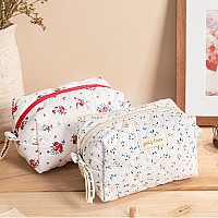 Hbselect 2Pcs Quilted Makeup Bag Cute Makeup Bag Organizer Travel Cosmetic Bag Aesthetic Coquette Cotton Floral Make Up Bag Toil