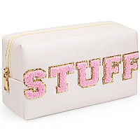 Besharppin Preppy Makeup Bag Synthetic Leather Patch Cosmetic Bag With Stuff Chenille Letter For Go Out Gift For Girlfriend Or