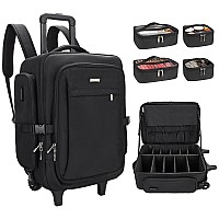 Relavel Rolling Makeup Case With 4 Clear Makeup Bags Makeup Backpack With Adjustable Dividers Cosmetic Train Case Storage With