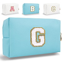 Small Personalized Initial Letter Makeup Bag Cute Waterproof Pu Leather Chenille Letter Cosmetic Bag Travel Makeup Bag Preppy