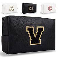 Small Personalized Initial Letter Makeup Bag Cute Waterproof Pu Leather Chenille Letter Cosmetic Bag Travel Makeup Bag Preppy