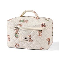 Uekeboag Large Travel Quilted Makeup Bag For Women Floral Cotton Cosmetic Bag Coquette Aesthetic Floral Toiletry Organizer Bag