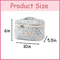 Uekeboag Large Travel Quilted Makeup Bag For Women, Floral Cotton Cosmetic Bag, Coquette Aesthetic Floral Toiletry Organizer Bag (01Lithtblue-Flower)