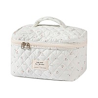 Uekeboag Large Travel Quilted Makeup Bag For Women Floral Cotton Cosmetic Bag Coquette Aesthetic Floral Toiletry Organizer Bag