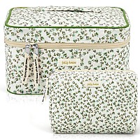 Zeyune 2 Pcs Cotton Quilted Makeup Bag Large Travel Coquette Cosmetic Bag Aesthetic Cute Floral Cherry Peony Toiletry Organize