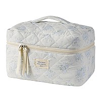 Uekeboag Large Travel Quilted Makeup Bag For Women, Floral Cotton Cosmetic Bag, Coquette Aesthetic Floral Toiletry Organizer Bag (06Bluerose)