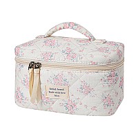 Uekeboag Large Travel Quilted Makeup Bag For Women Floral Cotton Cosmetic Bag Coquette Aesthetic Floral Toiletry Organizer Bag