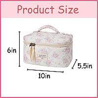 Uekeboag Large Travel Quilted Makeup Bag For Women Floral Cotton Cosmetic Bag Coquette Aesthetic Floral Toiletry Organizer Bag