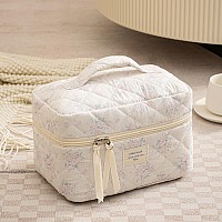 Uekeboag Large Travel Quilted Makeup Bag For Women Floral Cotton Cosmetic Bag Coquette Aesthetic Floral Toiletry Organizer Bag