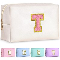 Topeast Preppy Stuff For Girls Initial Makeup Bag Chenille Letter Pouch Cosmetic Bag With Zipper Pu Leather Waterproof Toiletr