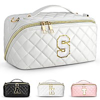 Topeast Large Travel Makeup Bag Personalized Initial Cosmetic Bag Quilted Make Up Bags Open Flat Toiletry Bag Cute Makeup Pouch