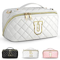 Topeast Personalized Initial Makeup Bag For Women Wide Open Large Cosmetic Bag Waterproof Leather Travel Makeup Toiletry Bag Or