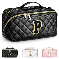 Topeast Personalized Makeup Bag Large Quilted Cosmetic Bag Initial Make Up Bag Waterproof Leather Travel Toiletry Bag Organizer